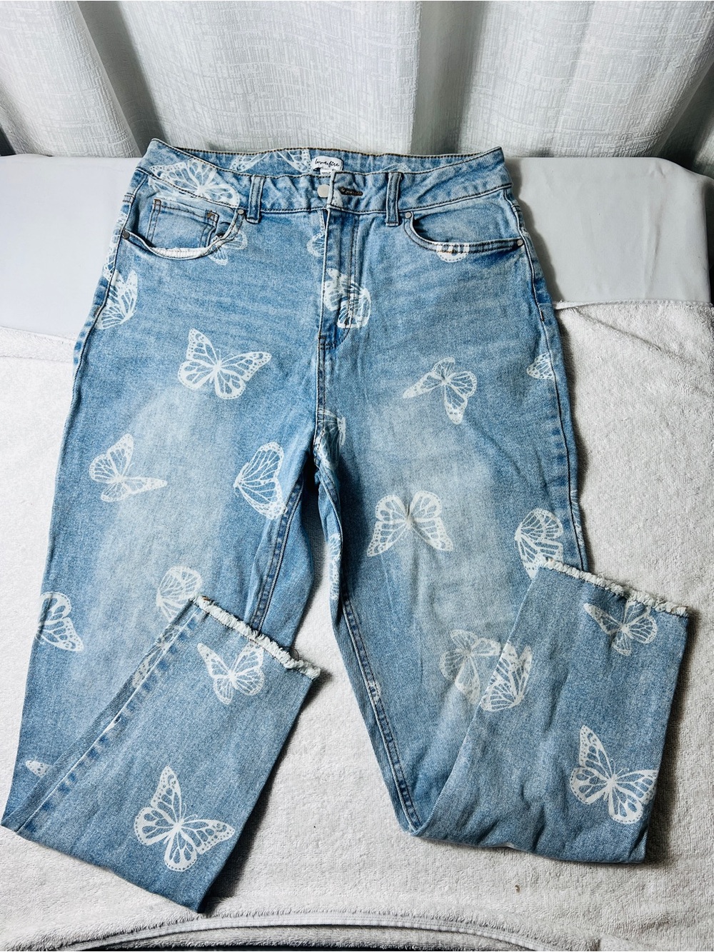 love, Fire Light Blue Boyfriend Jeans with White Butterfly Print - Picture 1 of 6